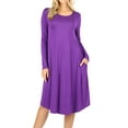 thumbnail image 1 of Womens & Plus Round Neck Long Sleeve Knee Length A-Line Swing Trapeze Dress (Purple, XL), 1 of 4