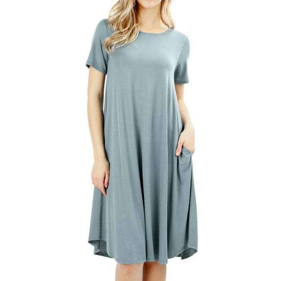 Womens & Plus Round Neck Short Sleeve Knee Length A-Line Swing Trapeze Dress (Blue Grey, 3X)