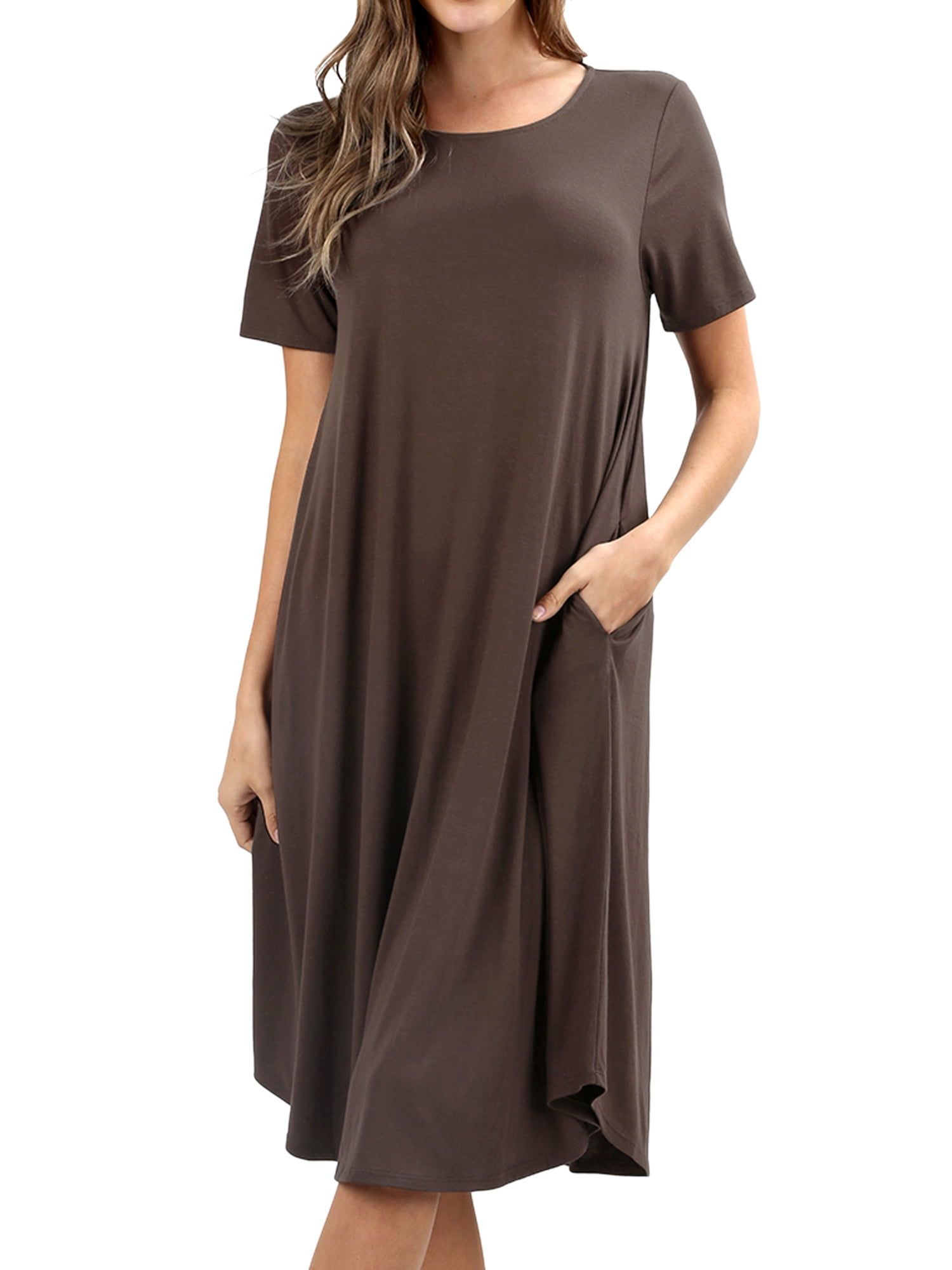 Womens & Plus Round Neck Short Sleeve Knee Length A-Line Swing Trapeze Dress  (Brown, S) - Walmart.com