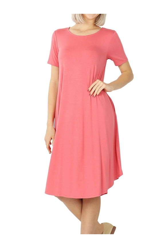 Womens & Plus Round Neck Short Sleeve Knee Length A-Line Swing Trapeze Dress (Desert Rose, M)