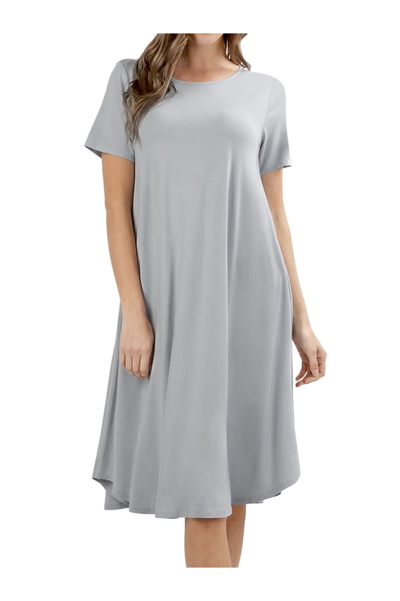 Womens & Plus Round Neck Short Sleeve Knee Length A-Line Swing Trapeze Dress (Grey Mist, M)