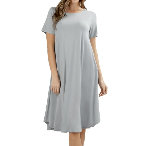 Womens & Plus Round Neck Short Sleeve Knee Length A-Line Swing Trapeze Dress (Grey Mist, XL)