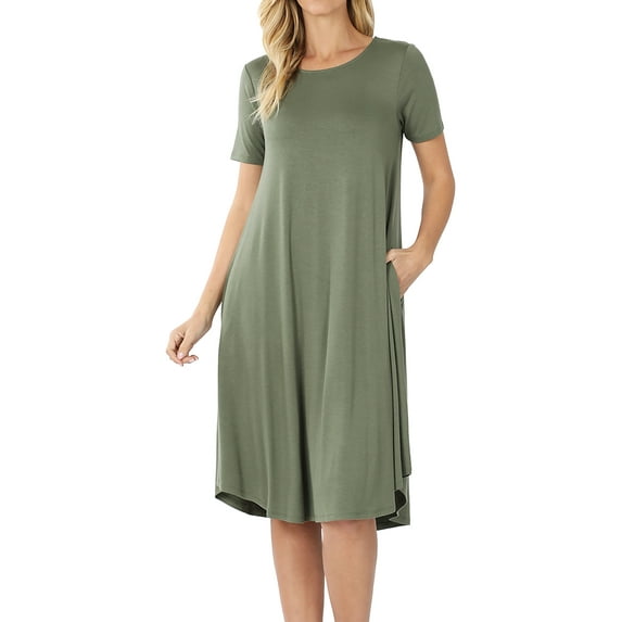 Womens & Plus Round Neck Short Sleeve Knee Length A-Line Swing Trapeze Dress (LT Olvie, 2X)