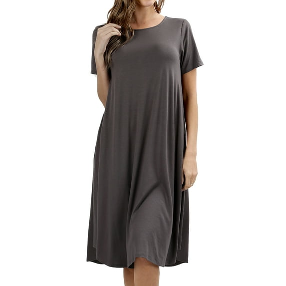 Womens & Plus Round Neck Short Sleeve Knee Length A-Line Swing Trapeze Dress (Mid Grey, XL)