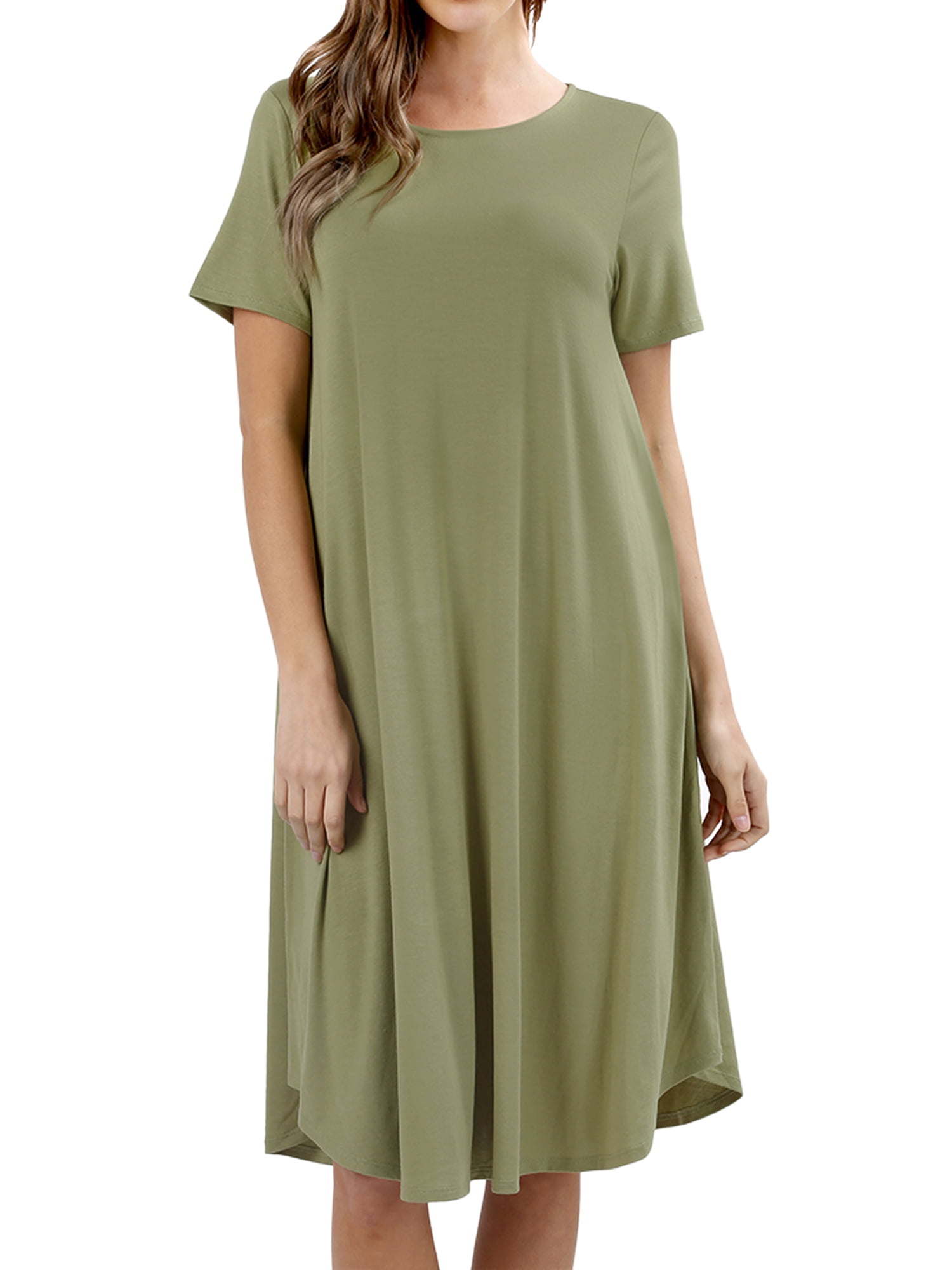 Womens & Plus Round Neck Short Sleeve Knee Length A-Line Swing Trapeze Dress (Sage, M)