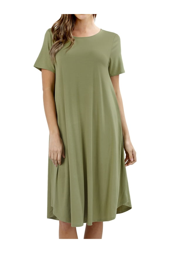 Womens & Plus Round Neck Short Sleeve Knee Length A-Line Swing Trapeze Dress (Sage, M)