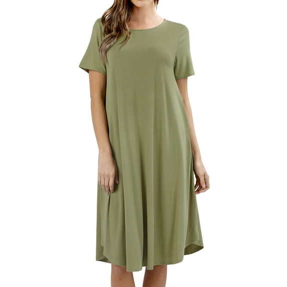 Womens & Plus Round Neck Short Sleeve Knee Length A-Line Swing Trapeze Dress (Sage, S)