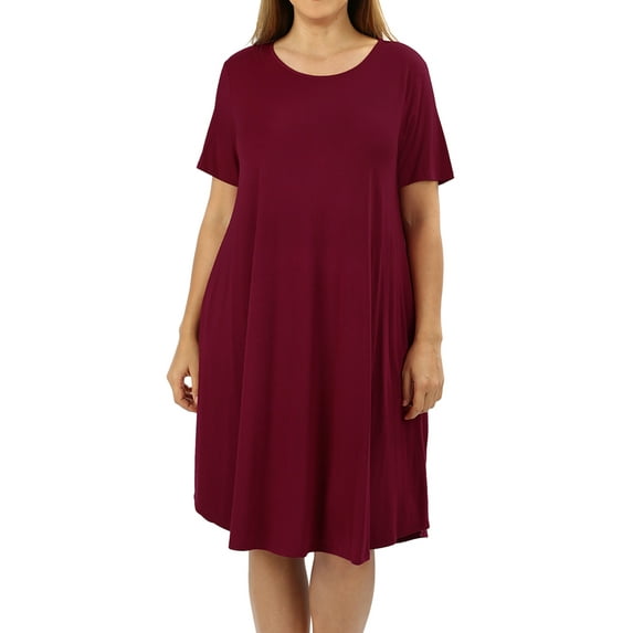 Womens & Plus Round Neck Short Sleeve Knee Length A-Line Swing Trapeze Dress (WIne, 2X)
