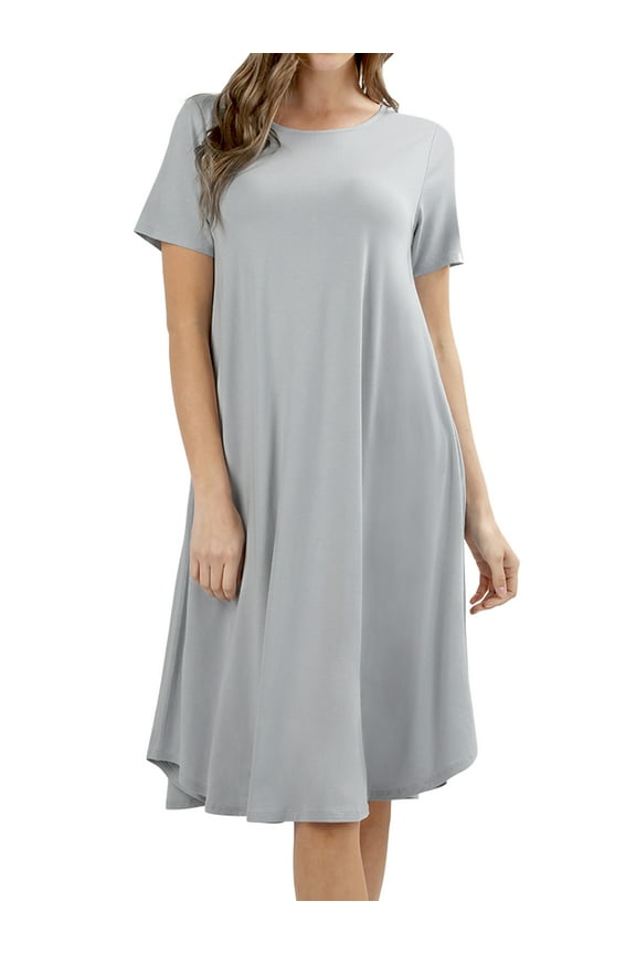 Womens & Plus Round Neck Short Sleeve Knee Length A-Line Swing Trapeze Dress