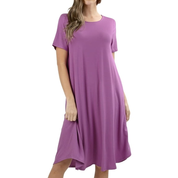 Womens & Plus Round Neck Short Sleeve Knee Length A-Line Swing Trapeze Dress