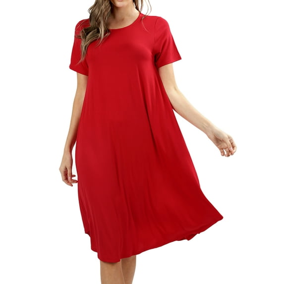 Womens & Plus Round Neck Short Sleeve Knee Length A-Line Swing Trapeze Dress