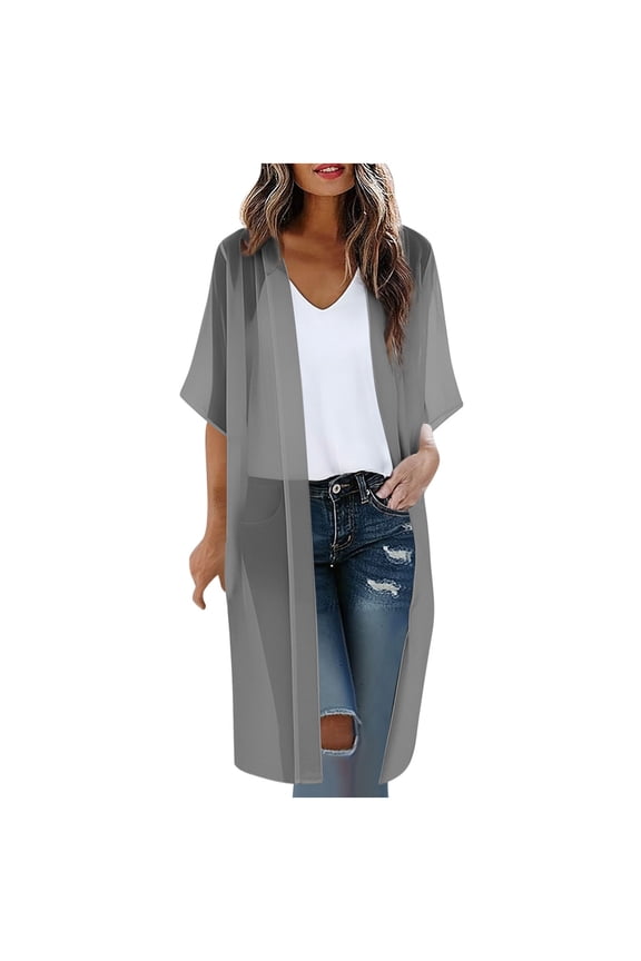 Womens Plus Short Sleeve Kimono Beach Cover Up Sheer Chiffon Cardigan Summer Vacation Outfits Flowy Open Front Layering Long Duster Solid Tops for Resort Wear