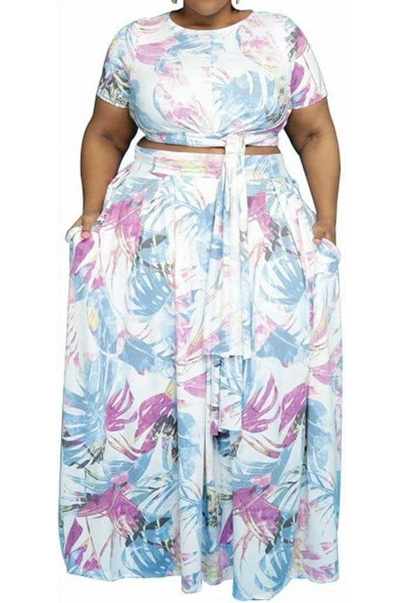 Womens Plus Size 2 Piece Dress Outfits Short Sleeve Bandage Wrap Empire Crop Tops and Skirt Sets