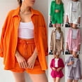 thumbnail image 1 of Womens Plus Size 2 Piece Outfit Spring Crinkle Long Sleeve Lapel Collar Shirt with High Waist Drawstring Shorts Green S, 1 of 6