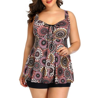 Womens Plus Size 2 Piece Ruffle Bathing Suits Drawstring Tank with Boyshorts Tankini Swimdress for Women
