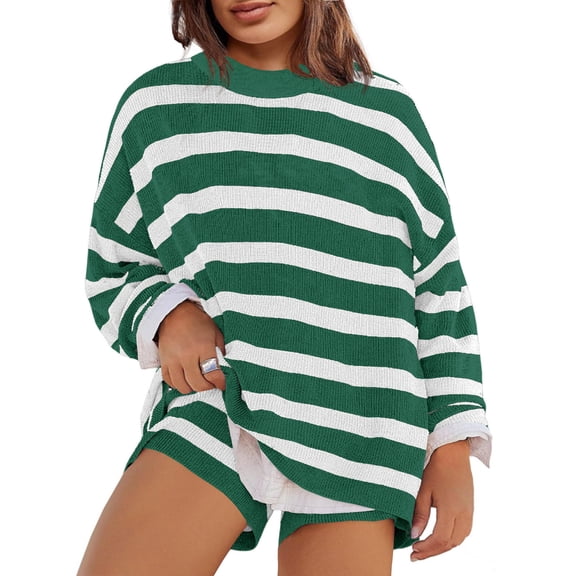 Womens Plus Size 2 Piece Striped Knit Set Long Sleeve Tops and Shorts Oversized Lounge Outfits