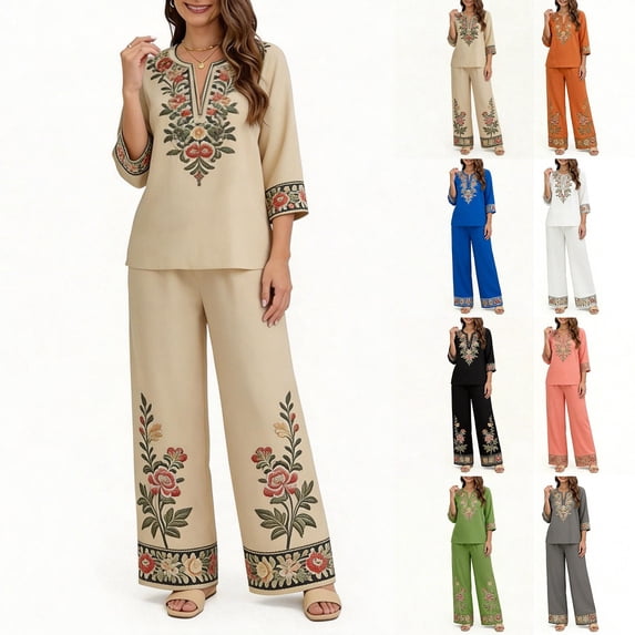 Womens Plus Size 2 Piece Sets Printed Bohemian Style Casual Home Wear Set