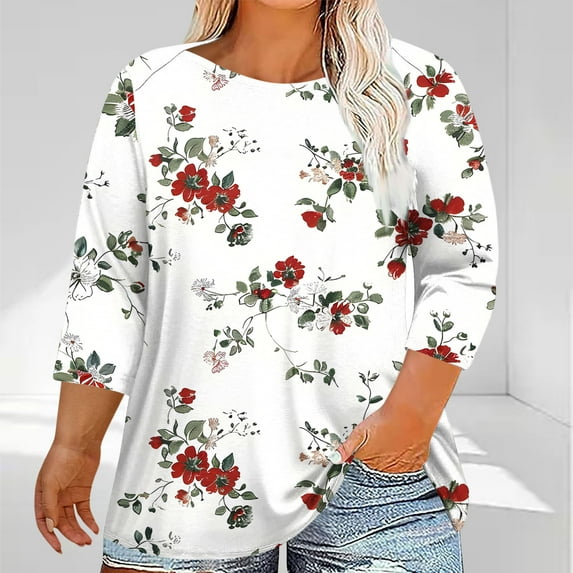 Womens Plus Size 3/4 Length Sleeve Tops Boat Neck Loose Fit Tee Tunic Blouse XL-5XL