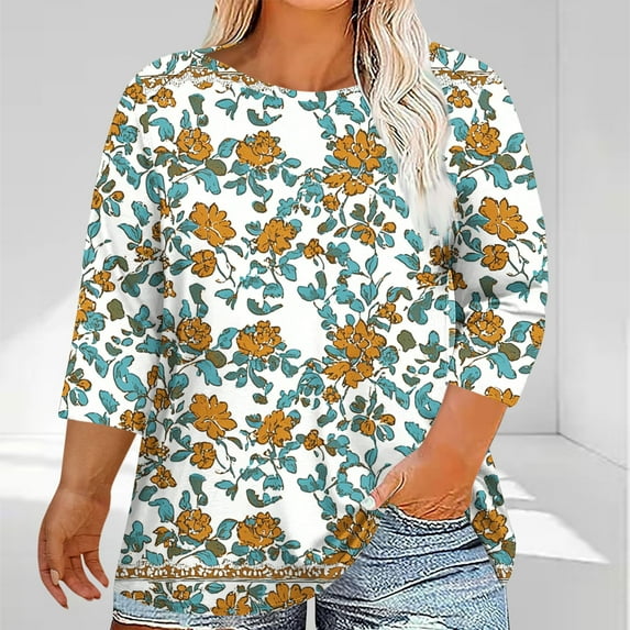 Womens Plus Size 3/4 Length Sleeve Tops Boat Neck Loose Fit Tee Tunic Blouse XL-5XL