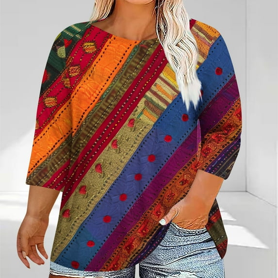 Womens Plus Size 3/4 Length Sleeve Tops Boat Neck Loose Fit Tee Tunic Blouse XL-5XL