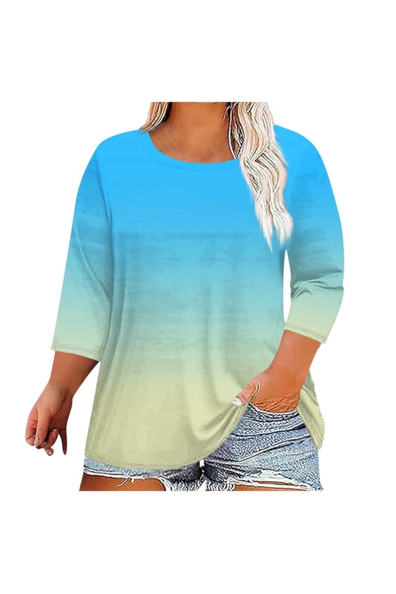 Womens Plus Size 3/4 Length Sleeve Tops Trendy Casual Floral Print Tshirts Boat Neck Loose Fit Tee Tunic Blouse