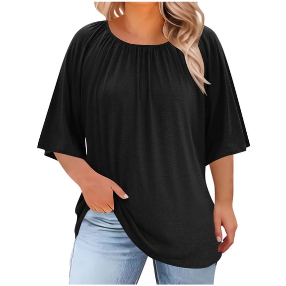 Womens Plus Size 3/4 Ruffle Sleeve Crewneck Pleated Blouses Loose Flowy Tunic Tops Dressy Casual Office Date Summer Fall Tops,Black,XL