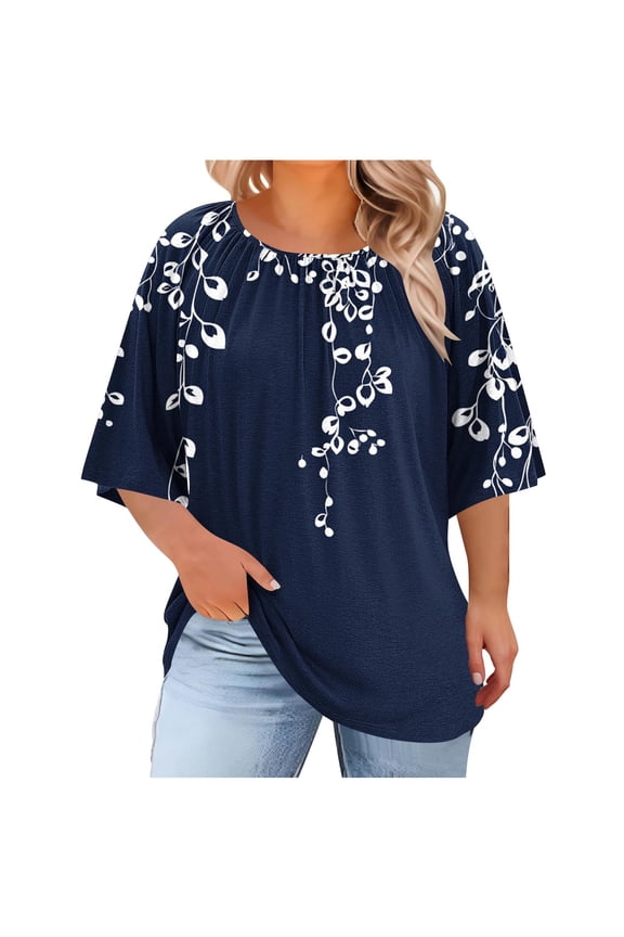 Womens Plus Size 3/4 Ruffle Sleeve Crewneck Pleated Blouses Loose Flowy Tunic Tops Dressy Casual Office Date Summer Fall Tops,Navy,XXL