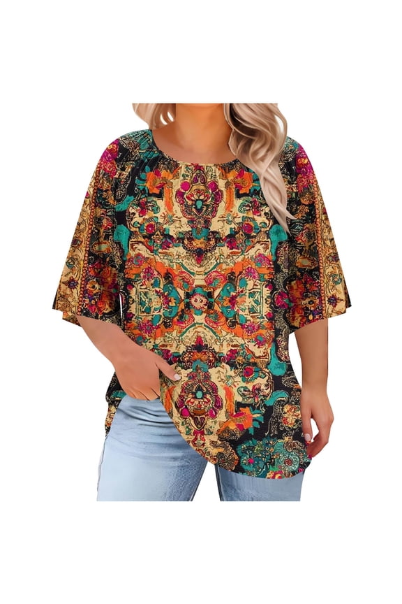 Womens Plus Size 3/4 Ruffle Sleeve Crewneck Pleated Blouses Loose Flowy Tunic Tops Dressy Casual Office Date Summer Fall Tops,Yellow,L
