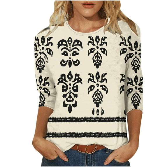 Womens Plus Size 3/4 Sleeve T Shirts Boho Graphic Printed Casual Tshirts Fashion Tops for Spring Summer Fall (5XL, Beige)