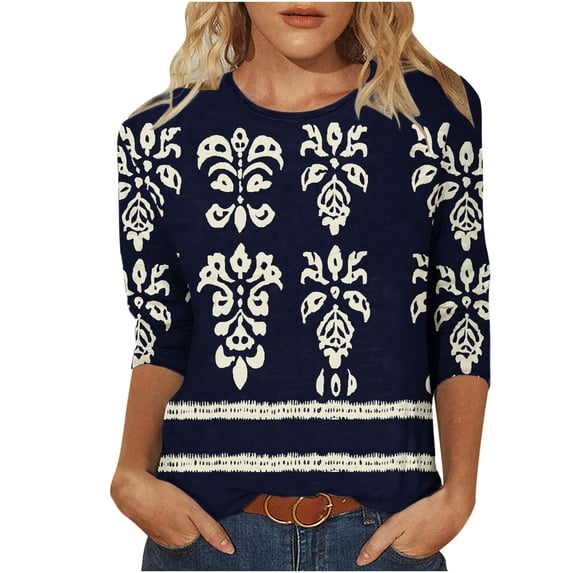 Womens Plus Size 3/4 Sleeve T Shirts Boho Graphic Printed Casual Tshirts Fashion Tops for Spring Summer Fall (XL, Navy)