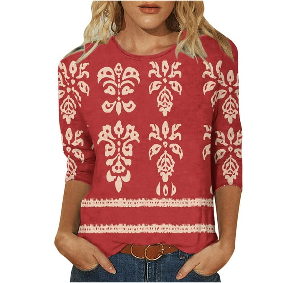Womens Plus Size 3/4 Sleeve T Shirts Boho Graphic Printed Casual Tshirts Fashion Tops for Spring Summer Fall (XL, Red)