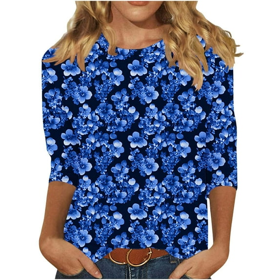 Womens Plus Size 3/4 Sleeve T Shirts Casual Floral Tunic Tops Summer Crewneck Tees Comfy Blouse Top
