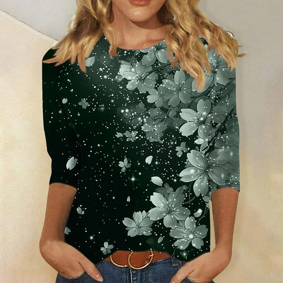 Womens Plus Size 3/4 Sleeve T Shirts Casual Floral Tunic Tops Summer Crewneck Tees Comfy Blouse Top