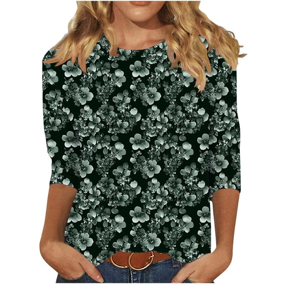 Womens Plus Size 3/4 Sleeve T Shirts Casual Floral Tunic Tops Summer Crewneck Tees Comfy Blouse Top