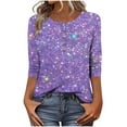thumbnail image 1 of Womens Plus Size 3/4 Sleeve T-Shirts Glitter Printed Tops Loose Henley Neck Blouses Holiday Party Casual Outfits (XL, Purple), 1 of 5