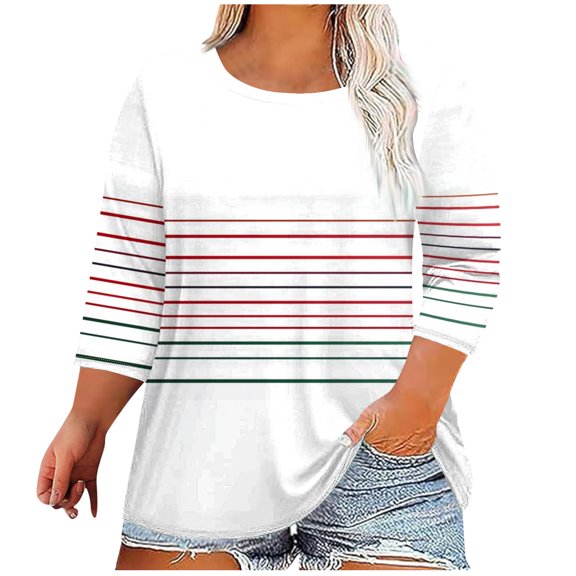 Womens Plus Size 3/4 Sleeve Tops Casual Crew Neck Graphic Tees Shirts for Old Women Loose Pullover Trendy Tops White, 4XL