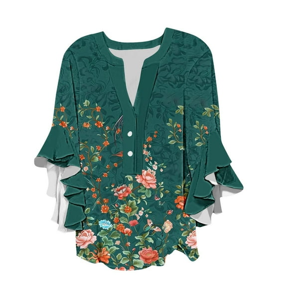 Womens Plus Size 3/4 Sleeve Tops Casual Summer V-Neck Button Tee Shirts Floral Print Loose Fitted Tunic Blouse with Ruffle Cuffs, U-Color, XXL