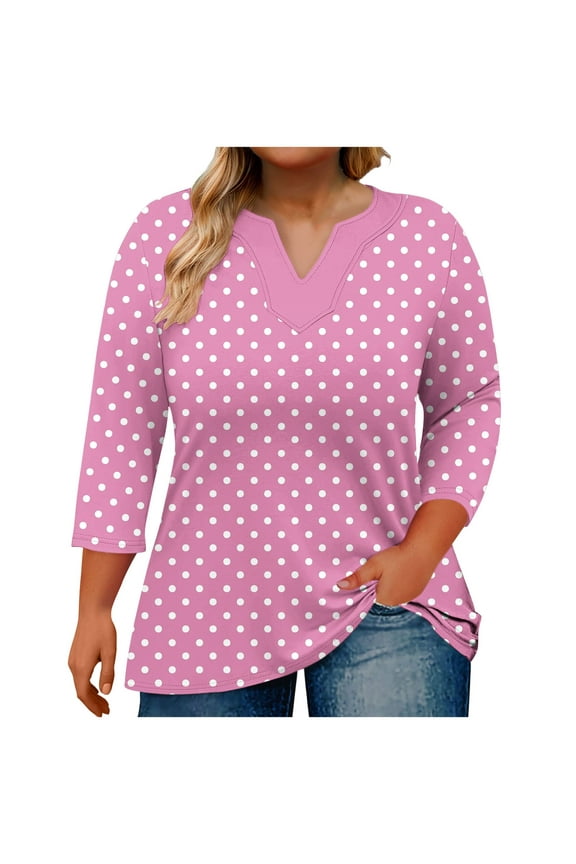 Womens Plus Size 3/4 Sleeve Tops Casual V Neck Button Tee Shirts Basic Loose Fit Tunic Blouse