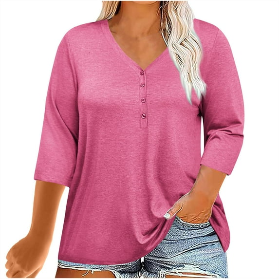 Womens Plus Size 3/4 Sleeve Tops Casual V Neck Three Buttons Tee Shirts Basic Loose Fit Tunic Blouse Summer 2025
