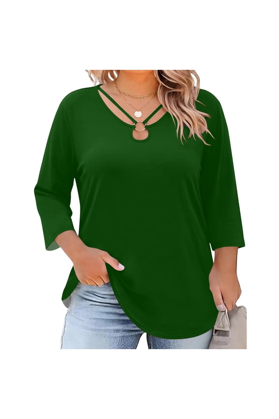 Womens Plus Size 3/4 Sleeve Tops Summer Casual Cut Out Ring Keyhole Neck T-Shirts Loose Fit Tees Tunic Shirts,Army Green,XL