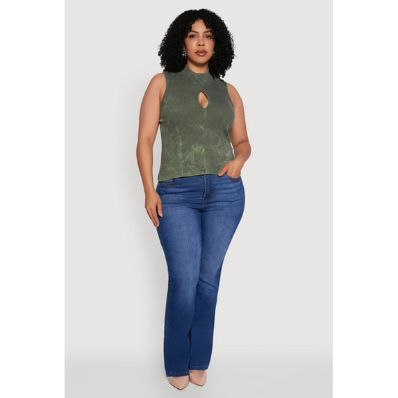 Womens Plus Size Acid Wash Keyhole Mock Neck Tank Top