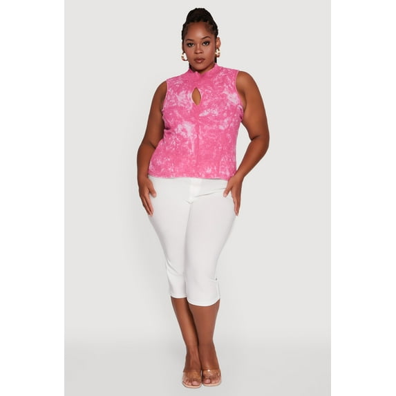 Womens Plus Size Acid Wash Keyhole Mock Neck Tank Top