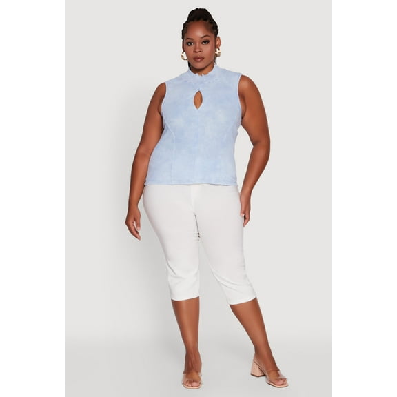 Womens Plus Size Acid Wash Keyhole Mock Neck Tank Top