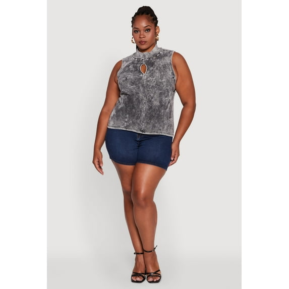 Womens Plus Size Acid Wash Keyhole Mock Neck Tank Top