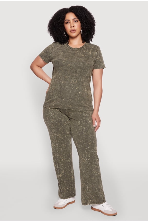 Womens Plus Size Acid Wash Pintuck Wide Leg Pants