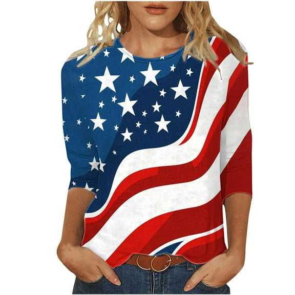 Womens Plus Size American Flag 3/4 Sleeve Tops Crewneck Tunic T-Shirts USA Flag Star Stripes Printed Basic Tees Memorial Day Patriotic Blouses Independence Day Dressy T Shirts Summer Clothes