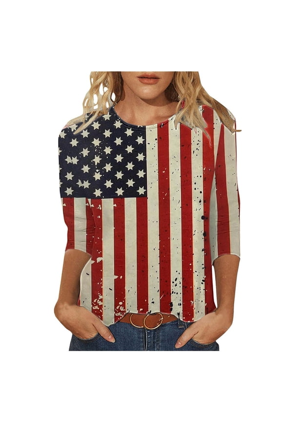 Womens Plus Size American Flag 3/4 Sleeve Tops Crewneck Tunic T-Shirts USA Flag Star Stripes Printed Basic Tees Memorial Day Patriotic Blouses Independence Day Dressy T Shirts Summer Clothes