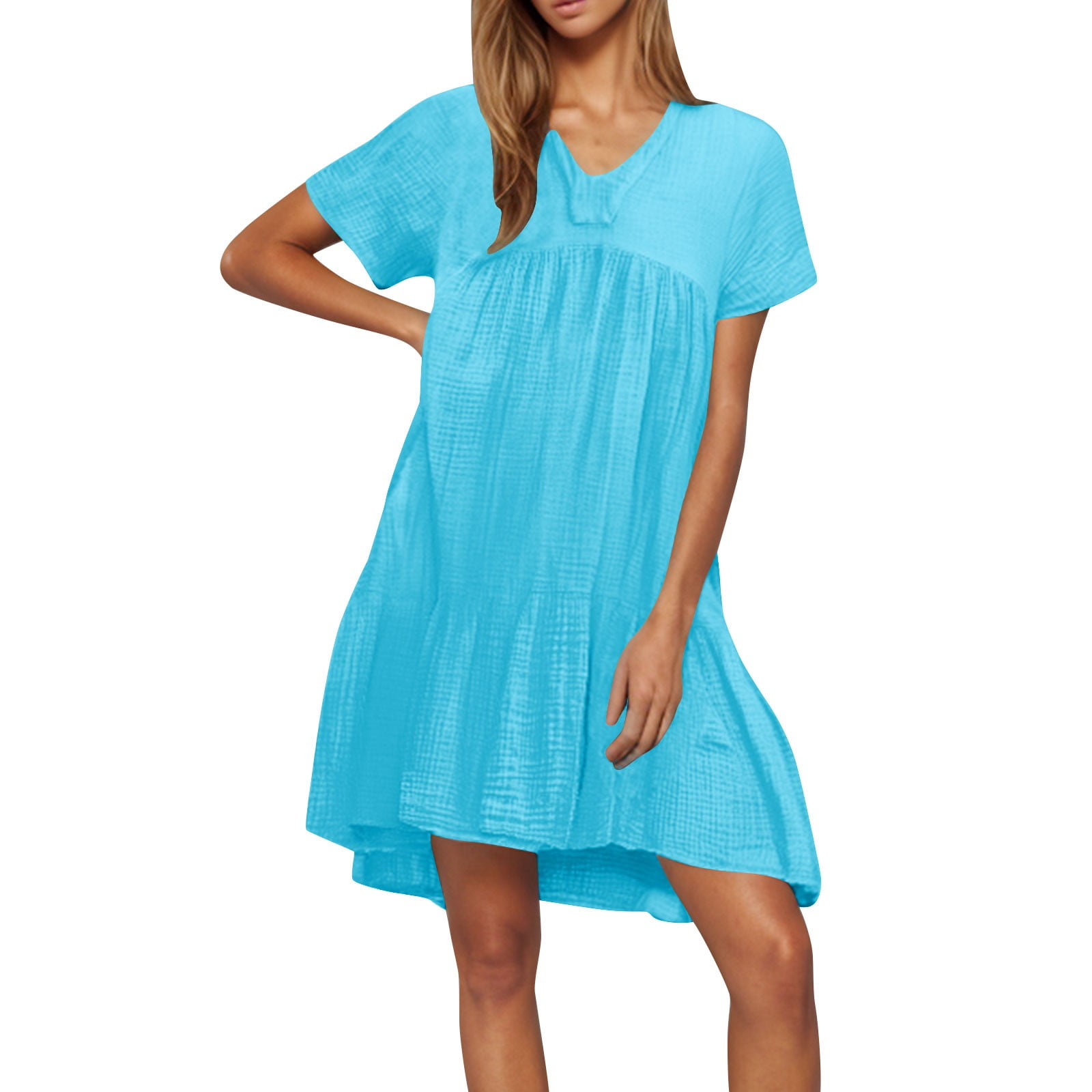 PASTEL BLUE BABY DOLL SHORT SLEEVES PLUS SIZE MIDI DRESS VC5616J