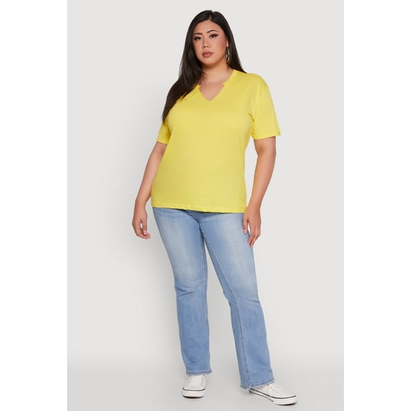 Womens Plus Size Basic Fixed Cuff Notch Neck Tee