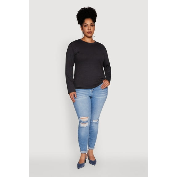 Womens Plus Size Basic Long Sleeve Crew Neck T-Shirt